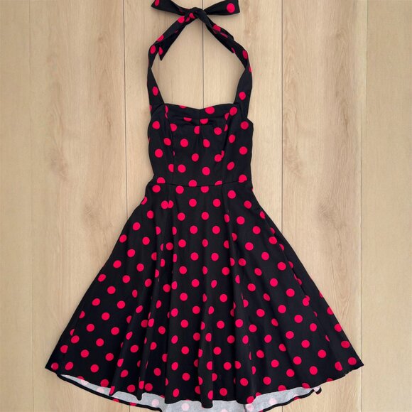 Feldie Black & Hot Pink Polka-Dot 1950s Inspired Halter Skater Style Dress Small - Picture 5 of 15